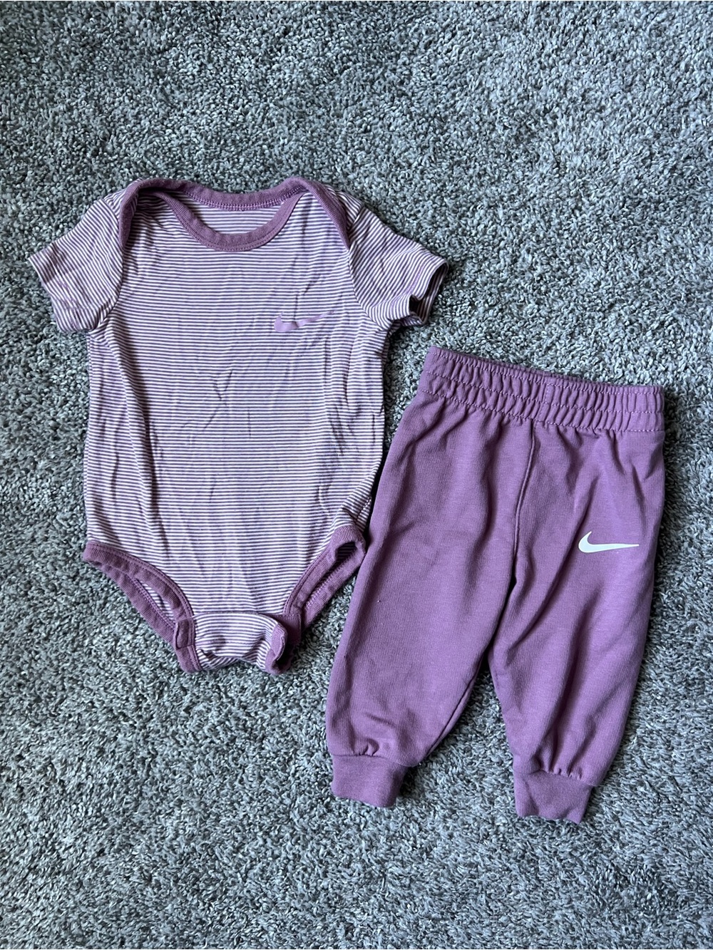 Nike Purple Striped Bodysuit and Solid Joggers Set